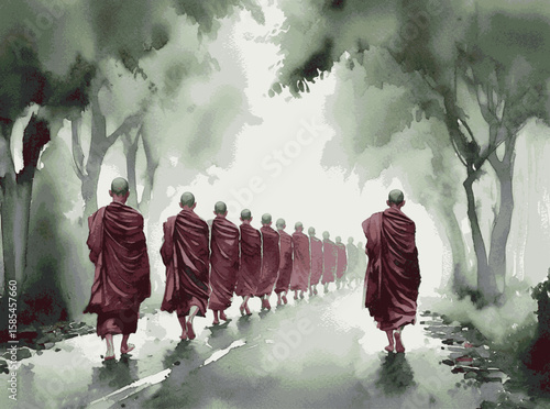Solitary Path, Watercolor Haze Wandering monk isolated vector illustration svg