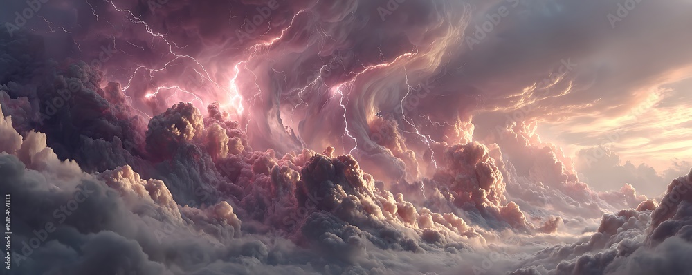 Fototapeta premium Euphoria clouds bursting with neon pink lightning and glowing sun halos