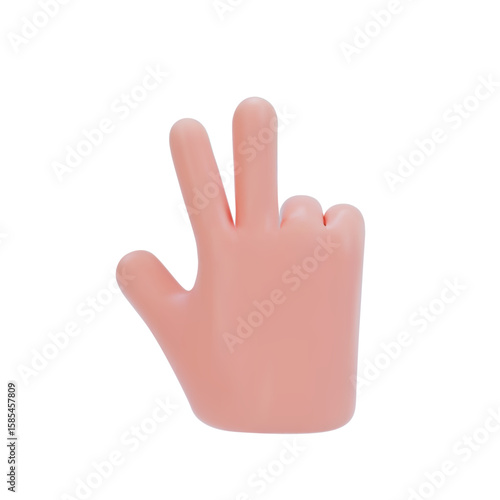 Stylized hand with 3 fingers spread out, back of palm. Can represent the number 3. Vector illustration in 3d style on isolated white background.