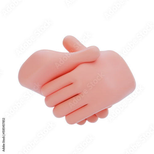 Stylised two hands performing a handshake gesture. Denotes a cordial greeting, agreement, approval of a deal, co-operation. Isolated 3D illustration on white background
