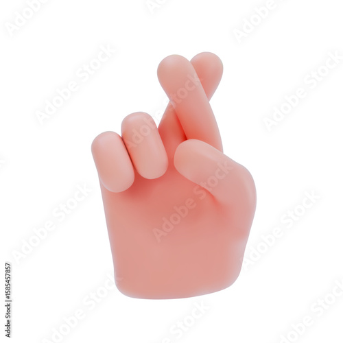 Stylized hand with fingers crossed. Index finger crossed with middle finger. Gesture denoting good luck or wishes of favorable outcome, Vector illustration on isolated background in 3d style