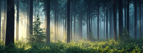 Foggy trees, morning forest smoke, and a misty tree-lined morning, all in 3D rendering