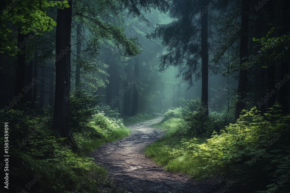 Obraz premium The atmosphere is one of a dreamy, foggy, and dark forest, with a trail that winds through a moody landscape, evoking an alone and creepy feeling in the woods