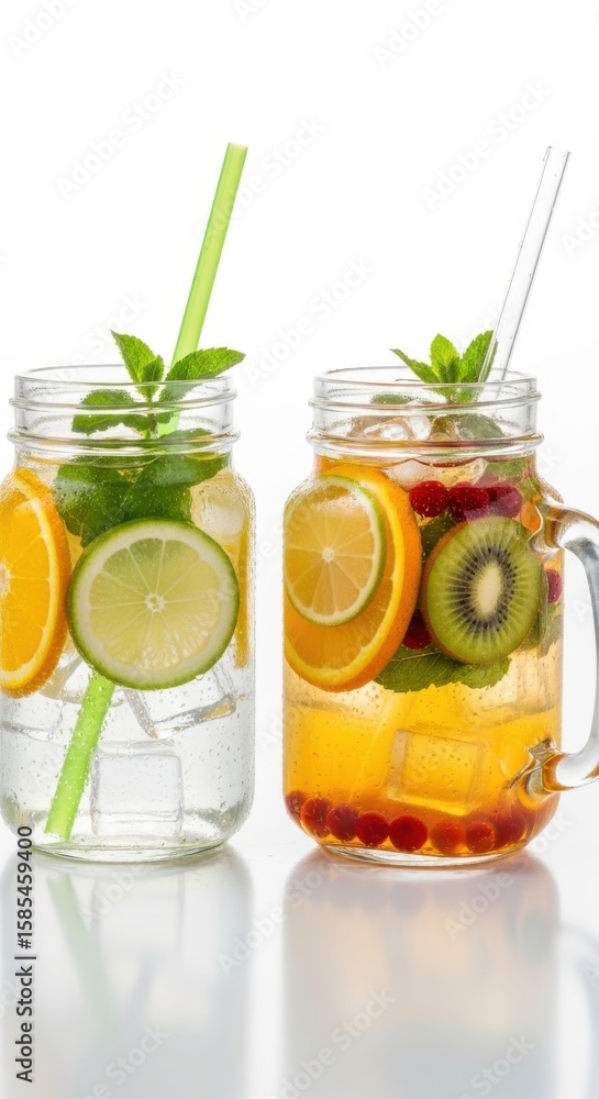 Fototapeta premium Refreshing mason jar drinks with citrus fruits and berries
