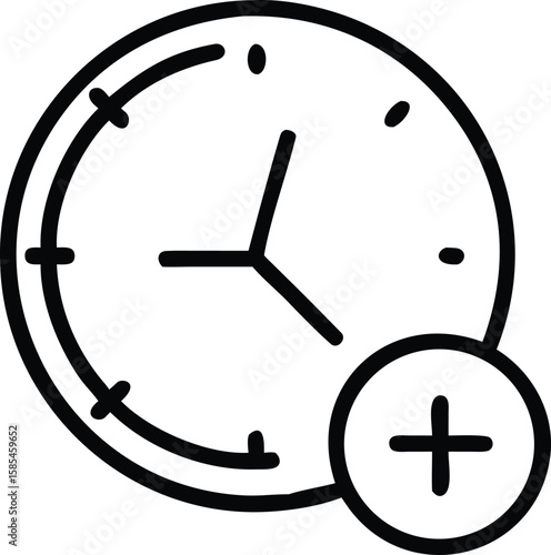 Clock icon with plus sign in line art style for design