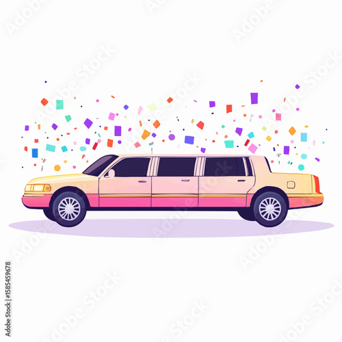 Flat retro vector of a glowing limousine with sparkles and confetti, perfect for celebration gift tags or printable party accessories