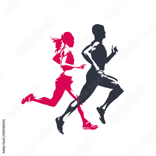 Marathon run, running people man and woman. Run logo, isolated vector silhouette