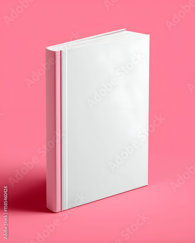 Standing White Book on Pink Backdrop - Clean Modern Minimalist Mockup. Mock up promotion information for marketing announcements and details, blank white space.