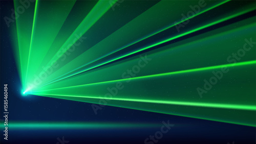 Laser light show. Bright led laser beams, dj light party. Blue illuminated stage, green led strobe lights. Background, backdrop for displaying products. Vector illustration