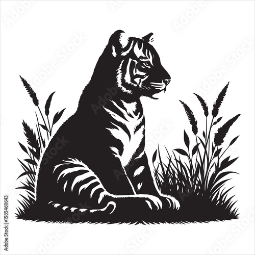 siting tiger face Silhouette Vector Art, and Graphic, vector black color silhouette , solated white background