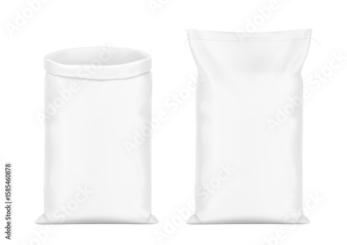 Woven sack bag mockup for chemical products and etc. High realistic. Vector illustration isolated on white background. Ready for use in presentation, promo, advertising. EPS10.