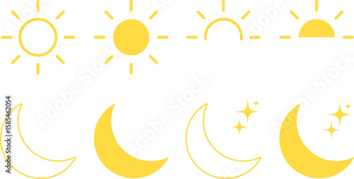 Sun and moon icons set. Screen brightness and contrast level signs. Day and Night icon symbol
