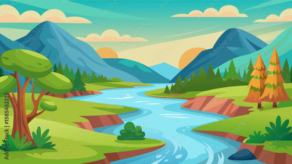 Obraz premium Vector art of as the sun sets, a tranquil river flows through a valley of green hills and distant mountains, casting warm hues across the cartoon landscape