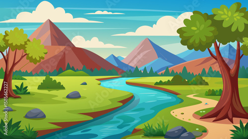 Vector art of a serene river flows through a lush green valley surrounded by majestic mountains and a bright blue sky with fluffy clouds