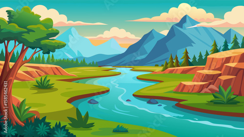 Vector art of a serene cartoon landscape showcases a meandering river cutting through a verdant valley with striking mountains and a clear blue sky
