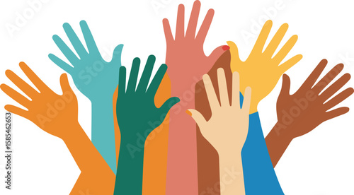 Colorful vector illustration of diverse raised hands, perfect for themes of charity, volunteering, and group unity