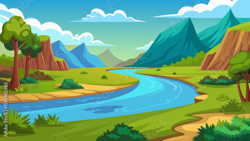 Vector art of an idyllic cartoon landscape features a gentle river winding through a green valley, bordered by striking mountains and a vast, cloudfilled sky