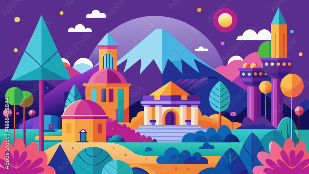 Naklejka premium Vector art of a whimsical and colorful cityscape with fantastical buildings and mountains under a vibrant purple sky with clouds and a sun