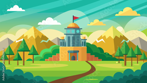 Vector art of a majestic castle sits atop a hill, surrounded by rolling green hills and majestic mountains under a bright blue sky with fluffy clouds