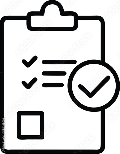 Completed checklist icon on clipboard in simple line art style