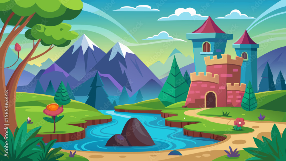 Fototapeta premium Vector art of a fairytale landscape illustration featuring a majestic castle with towers by a winding river, surrounded by lush green hills, trees, and snowcapped mountains under a sunny sky