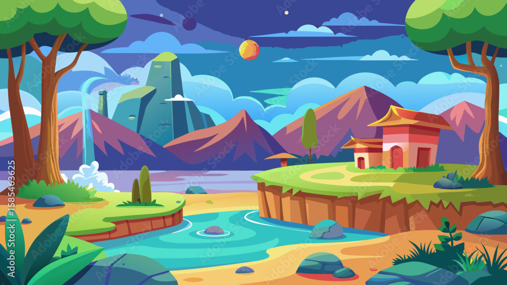 Fototapeta premium Vector art of a serene fantasy landscape at dusk showcases majestic mountains, a flowing river with a waterfall, and a traditional house under a starry sky