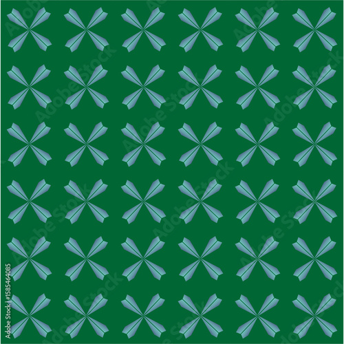 Symmetrical blue-green petals rotate in unison on a deep green field, forming a mesmerizing pattern with geometric floral precision and harmony.