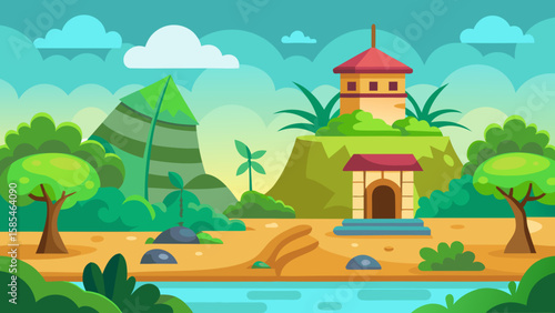 Vector art of a picturesque landscape featuring a traditional building atop a hill beside a tranquil river