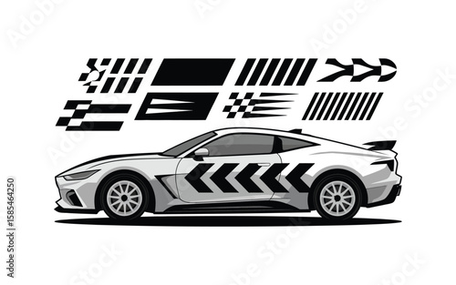 Tape auto stickers ink sketch vector set featuring lightning lines, checkered patterns, racing stripes, sports vehicle tuning markings, and identification badges isolated on white background.