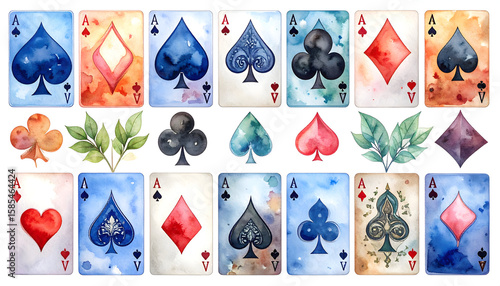 Watercolor Playing Card Suits Set: Hearts, Diamonds, Clubs, Spades