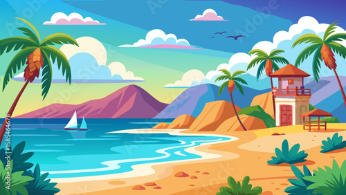 Vector art of a captivating illustration of a tropical beach with a sailboat, a lifeguard tower, palm trees, and rolling hills under a bright, sunny sky