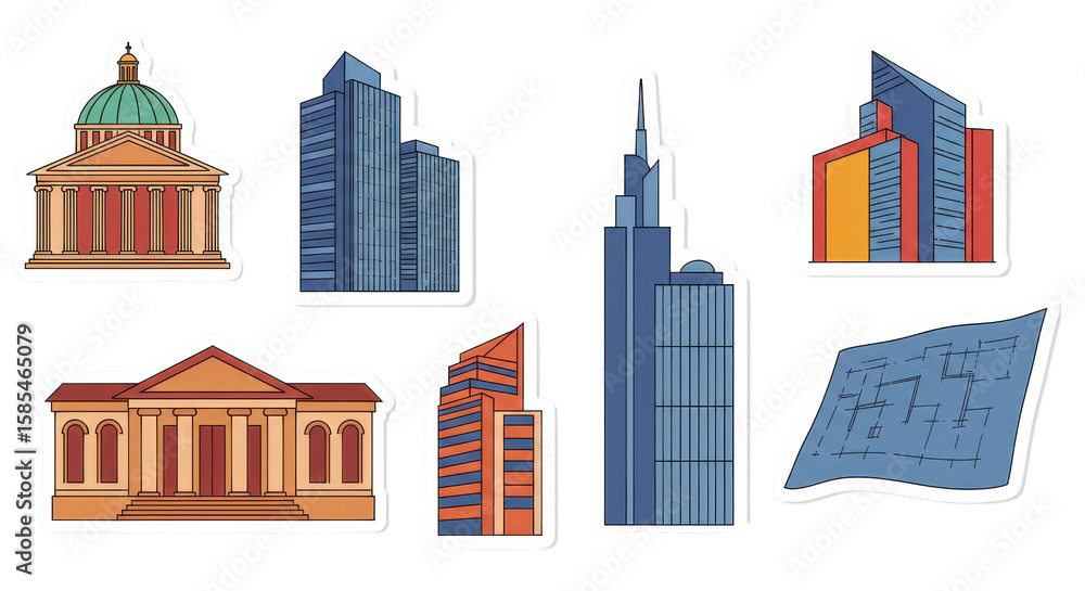 Fototapeta premium Set of Architecture Building Illustrations and Blueprint