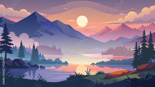 Vector art of a stunning mountain panorama at twilight, featuring a glassy lake mirroring the fading light and soft hues of the evening sky