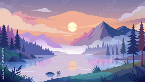 Vector art of the gentle glow of sunrise paints the sky with soft pastels over a tranquil mountain lake and forested hills