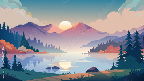Vector art of a breathtaking mountain vista unfolds over a still lake, illuminated by the soft colors of a fading sunset