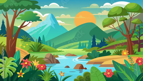 Vector art of a serene cartoon vista presents a winding river flowing through a valley with verdant hills, majestic mountains, and a glowing orange sun in the sky