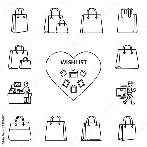 shopping icons set , Shopping bags and wishlist icons arranged in a graphic design layout