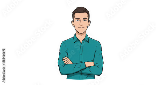 Cartoon Style Illustration of Confident Young Man with Crossed Arms