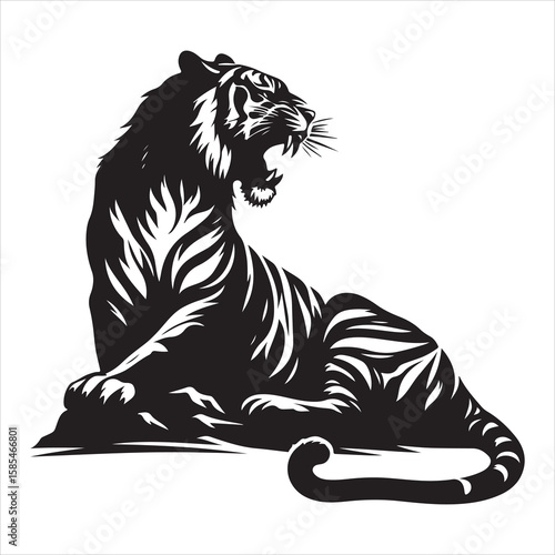 siting tiger face Silhouette Vector Art, and Graphic, vector black color silhouette , solated white background