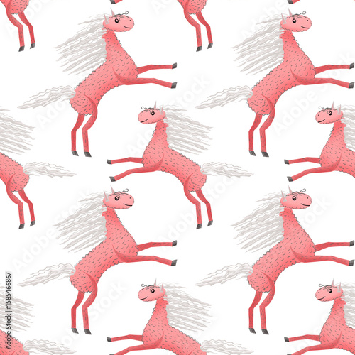Seamless pattern of a children's illustration of pink horses. For fashion design, textiles, postcards. Symbol of the year