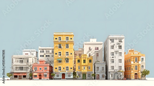 A row of colorful diverse apartment buildings with balconies and windows against a soft blue sky
