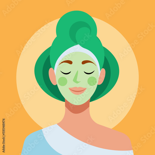 Serene Woman with Green Facial Mask, Spa Day, Relaxed Mood, Modern Style Illustration