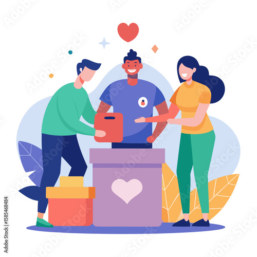 Happy Volunteers Donating Boxes to Charity, Flat Style Illustration
