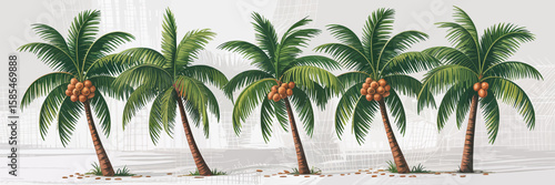 Tropical Palm Paradise: A picturesque row of lush palm trees, their fronds gently swaying against a soft backdrop, evokes a sense of tranquility and tropical bliss.Isolated tropical palm tree on white