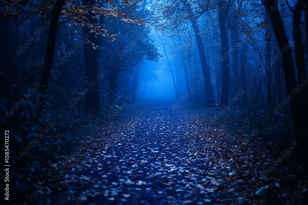 Naklejka premium A mystical forest with a pathway ahead, characterized by its beauty, fog, and autumnal ambiance, features a footpath surrounded by tall trees with yellow leaves