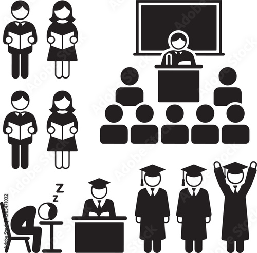 Education and Learning Pictograms A Collection of Icons Representing Students, Teachers, and Academic Activities in Black and White