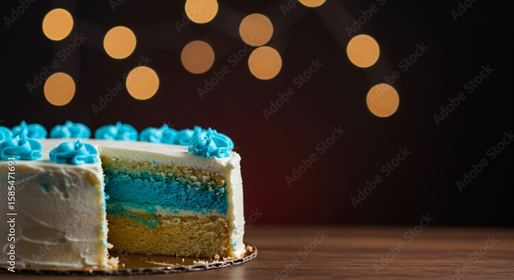 Fototapeta premium Slice of vanilla cake with blue frosting and blue layers on a wooden table. Delicious dessert for birthday party or celebration.