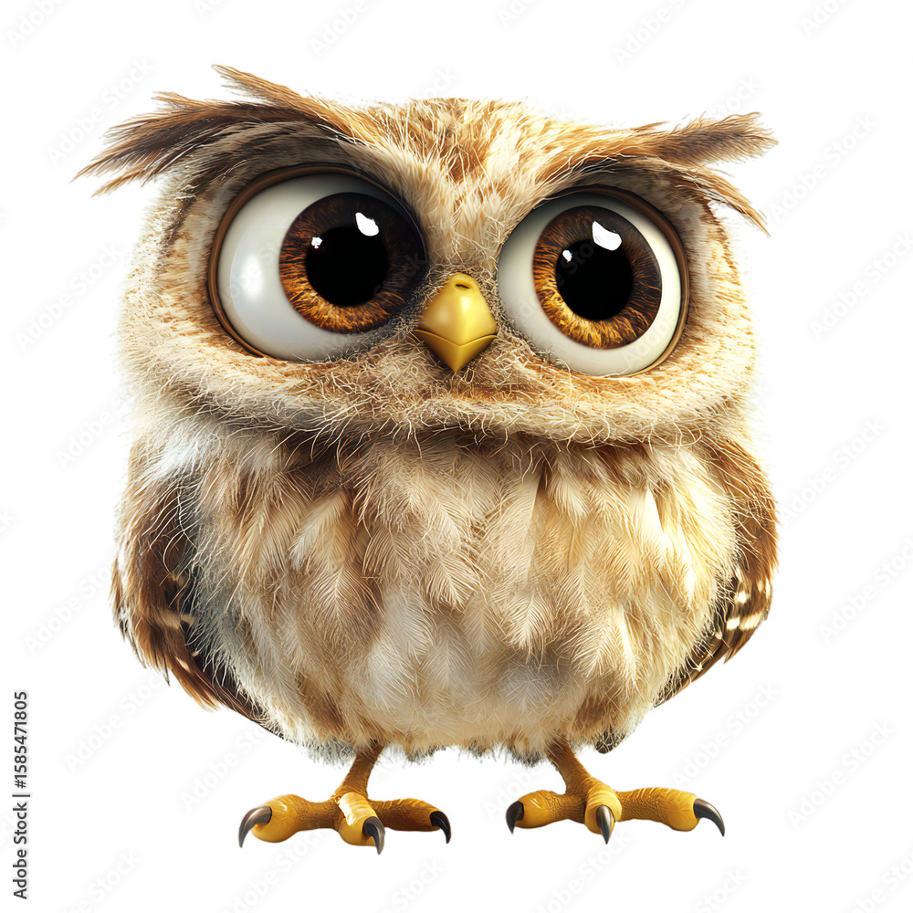 Obraz premium Cute cartoon owl with big golden eyes and fluffy feathers, curious and wise woodland bird character isolated on white background