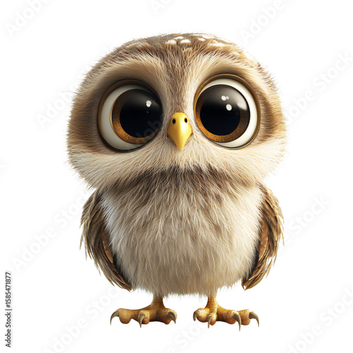 Cute cartoon baby owl with giant eyes and fluffy feathers, adorable woodland bird character looking forward, isolated on white background