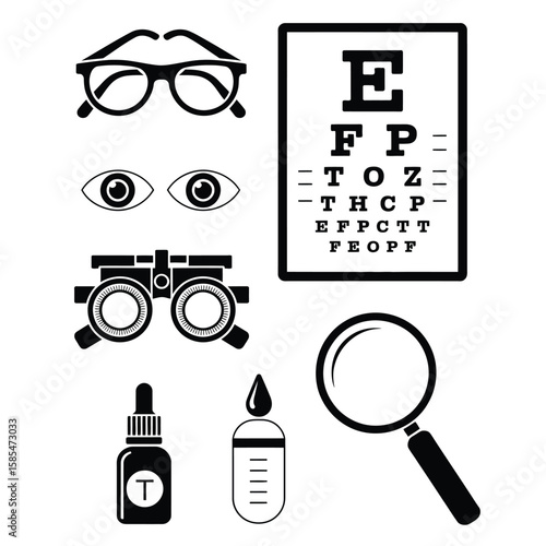 Black and white vector bundle of eyeglasses eye chart eye drop contact lens case and magnifying glass for eye care
